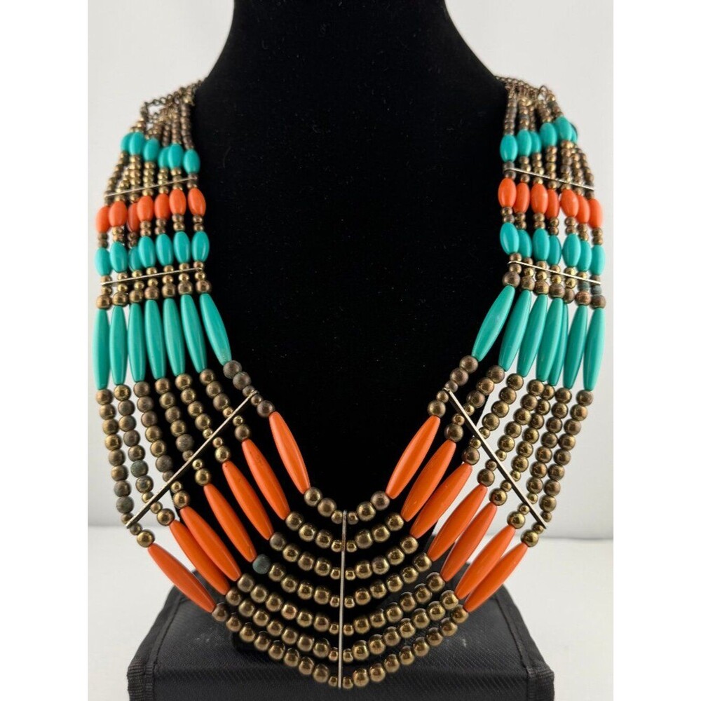 Vintage Southwestern Bib Necklace • Turquoise & Coral Multi-Strand Chevron State